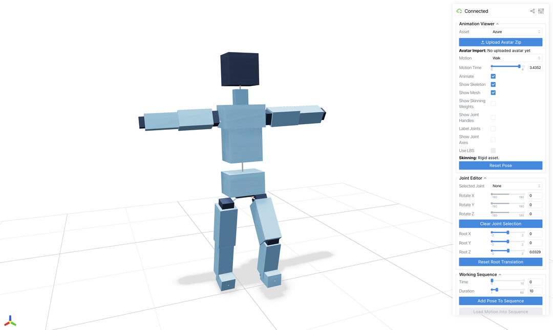 GF5 asset viewer showing the Part 1 block character, skeleton overlay, joint controls, and timeline.